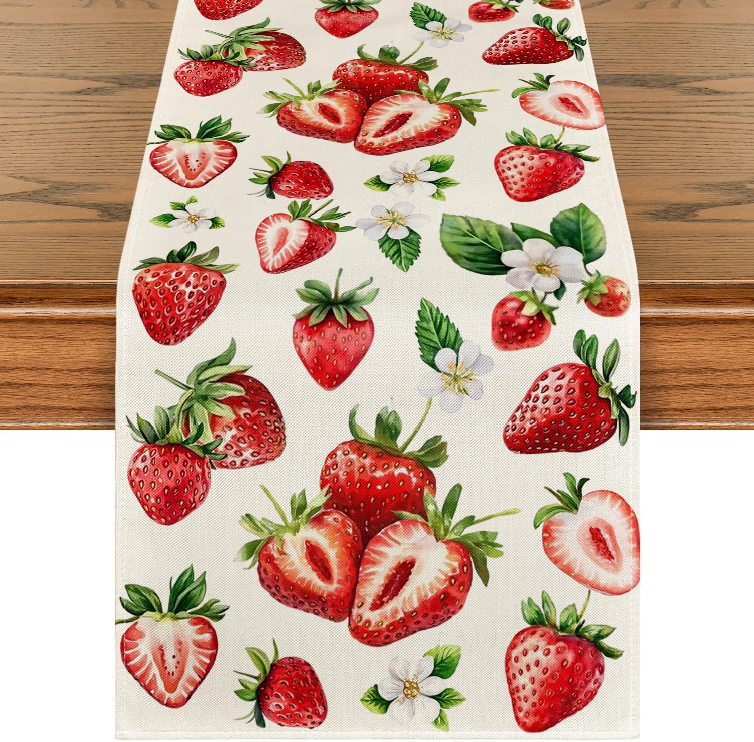 Artoid Mode Strawberry Wildflowers Fruit Spring Summer Table Runner, Seasonal Kitchen Dining Table Decoration for Home Party Decor 13x72 Inch