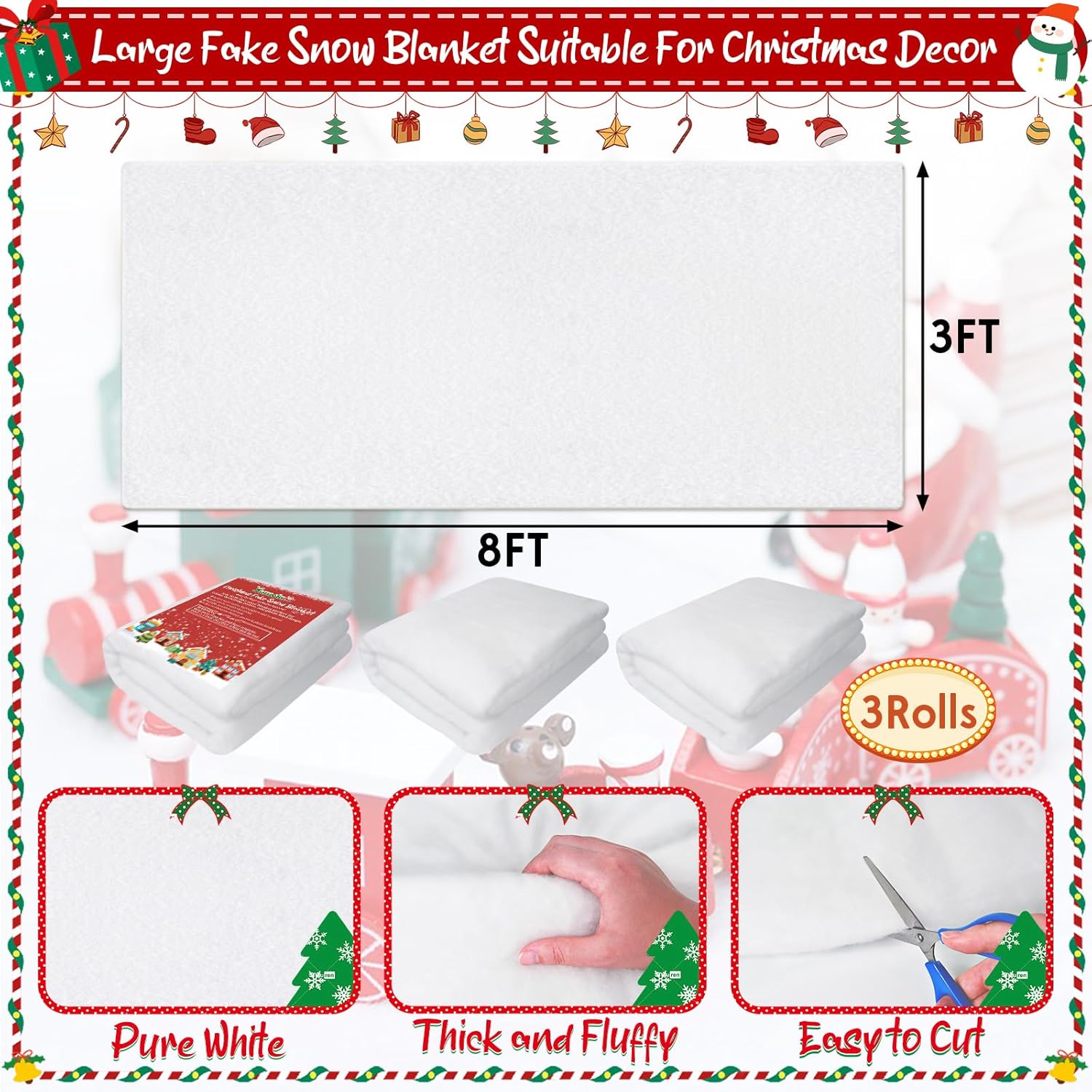 3 Pack 3 x 8 Ft Fake Snow Blanket for Christmas Village- Fluffy Artificial Snow for Crafts, Realistic Christmas Faux Snow Sheet for Winter Mantle Village Holiday Table Wedding Decorations