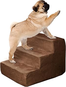 Dog Stairs for Small Dogs - 3-Step Pet Stairs for High Bed and Couch - Pet Steps with Nonslip Bottom, High-Density Foam, and Removable Washable Cover by PETMAKER Brown