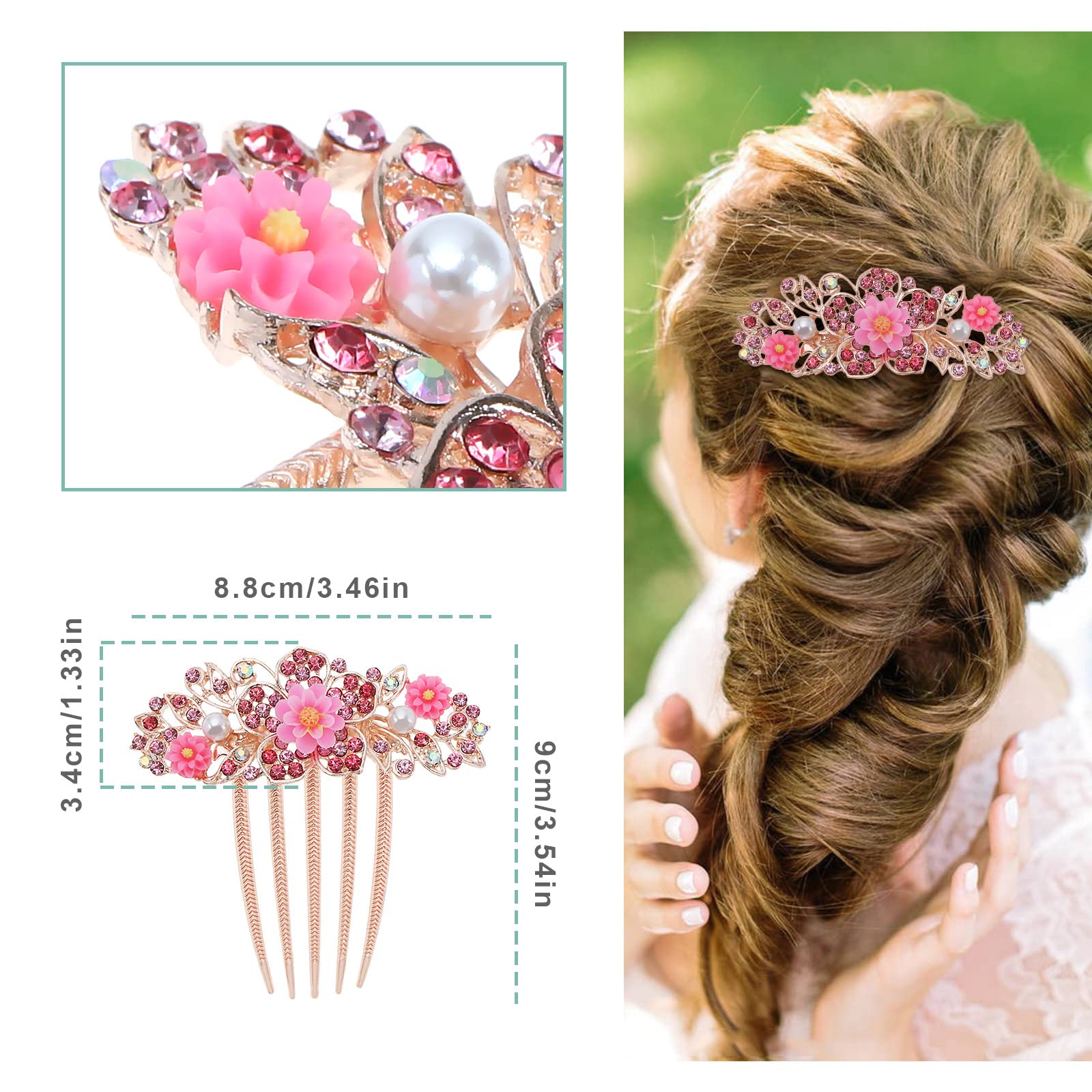 Create idea Flower Hair Comb Rhinestone Wedding Bride Headpiece Decorative Hair Accessories for Wedding Bridal French Twist Bun Full Updos Low Bun Hairstyles Pink - Image 3