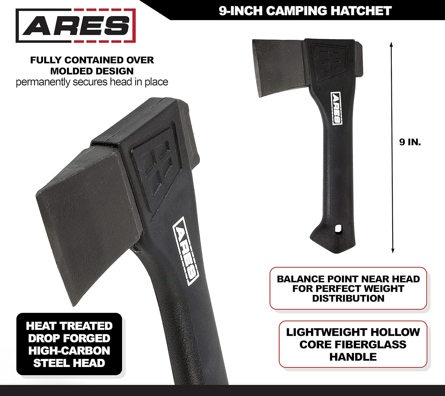 ARES 45002-9-Inch Camping Hatchet – Lightweight Fiberglass Handle Construction – High-Carbon Steel Blade Head – Gardening, Hiking, and Outdoor/Adventure Applications : Patio, Lawn & Garden