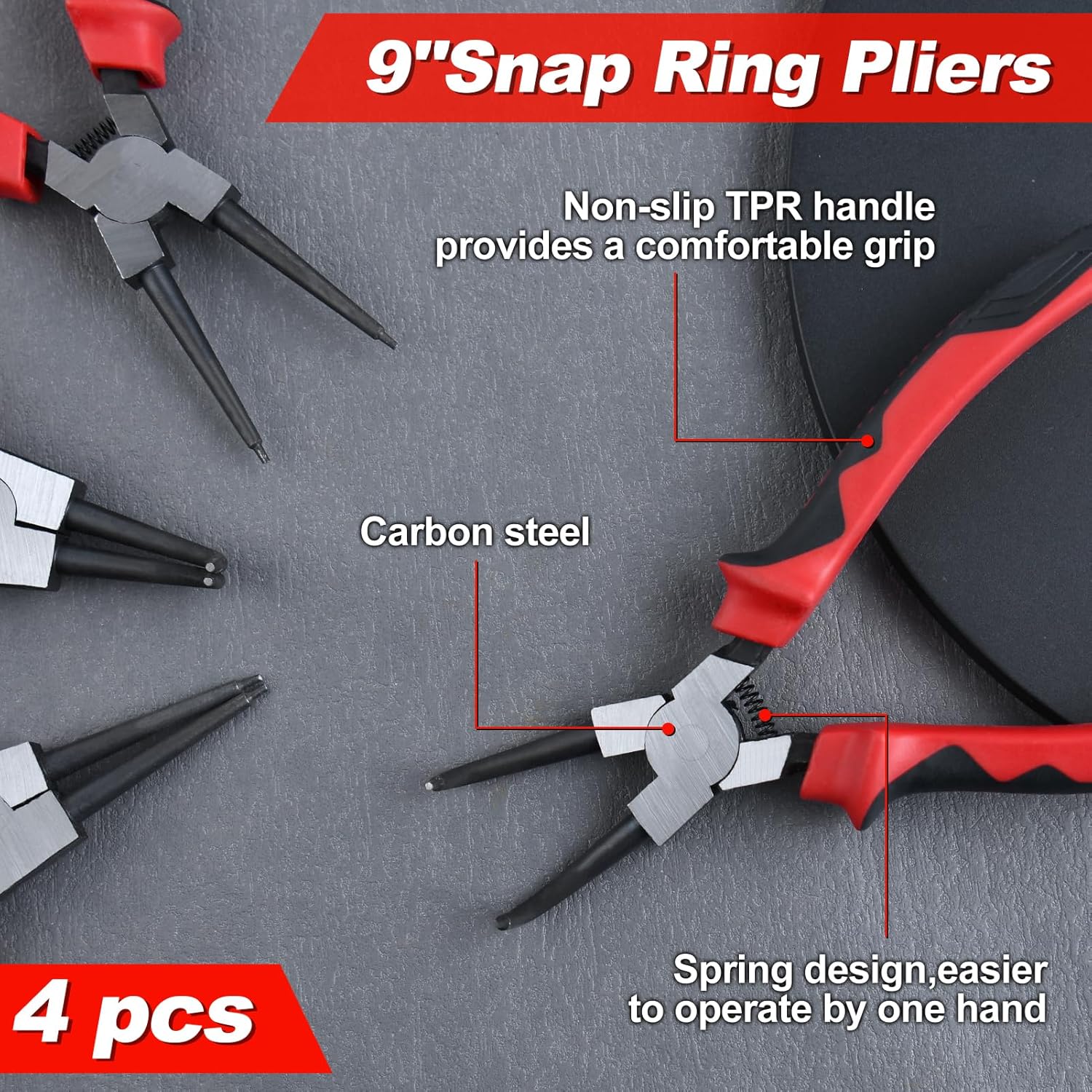 4 Pcs Snap Ring Pliers Set 9-inch Internal External Circlip Pliers Kit Straight and Bent Jaw Lock Ring Pliers, Tip Diameter 0.08" C-Clip Plier for Ring Remover Retaining, with Storage Pouch