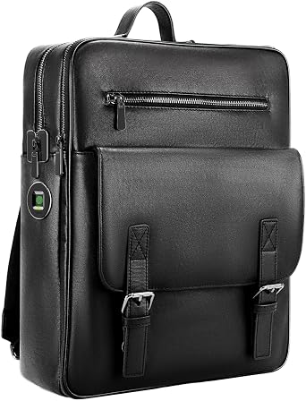 BBMars Fingerprint Lock Anti-Theft Genuine Leather Backpack for Men, Black
