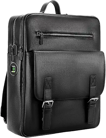 BBMars Fingerprint Lock Leather Backpack for Men, Black, Fits 15.6” Laptops, USB Charging, Find My Support