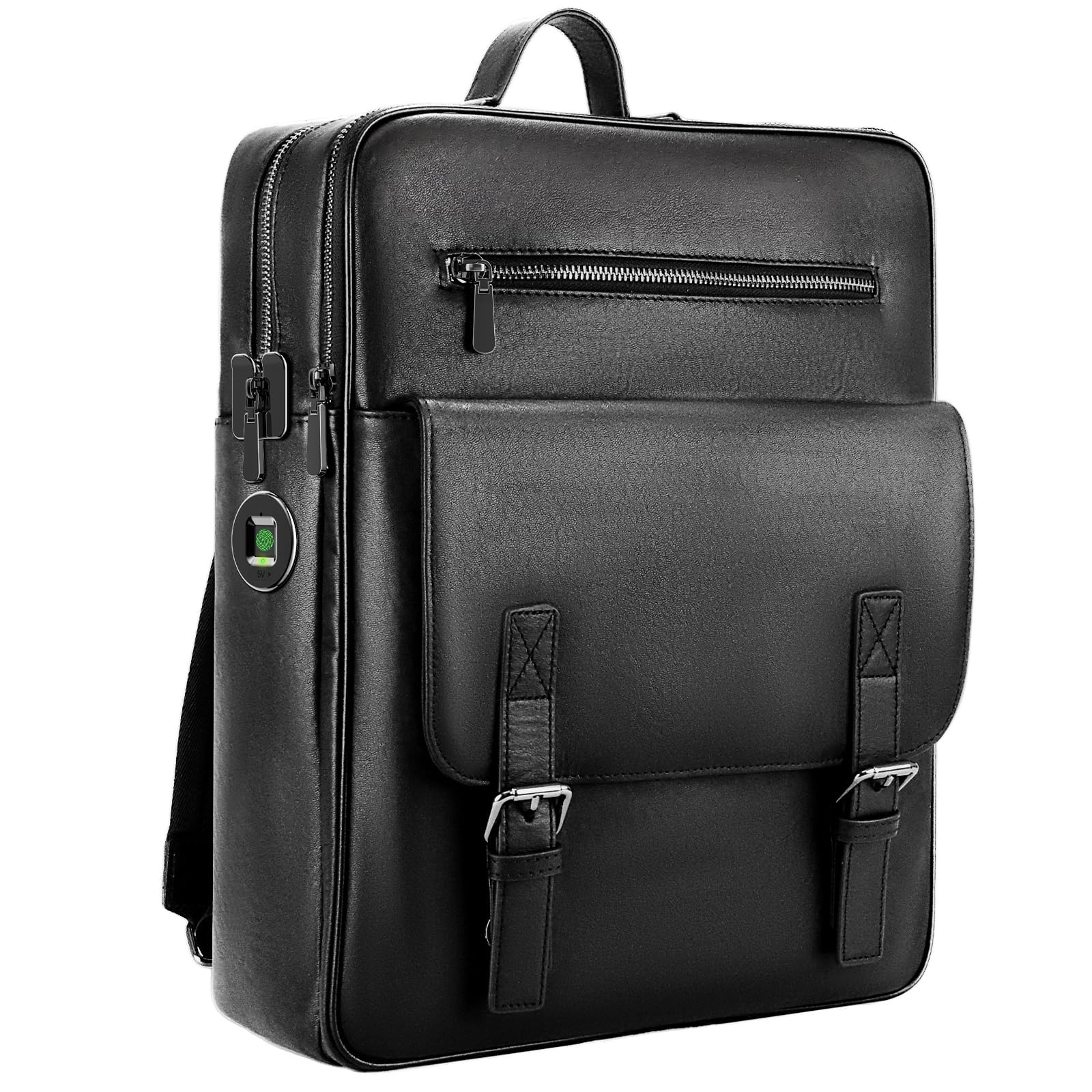 BBMars Zaino antifurto con blocco delle impronte digitali - Zaino per laptop da uomo, in pelle nera, borsa da viaggio impermeabile per laptop da 15,6 pollici, zaino professionale Smart Secure