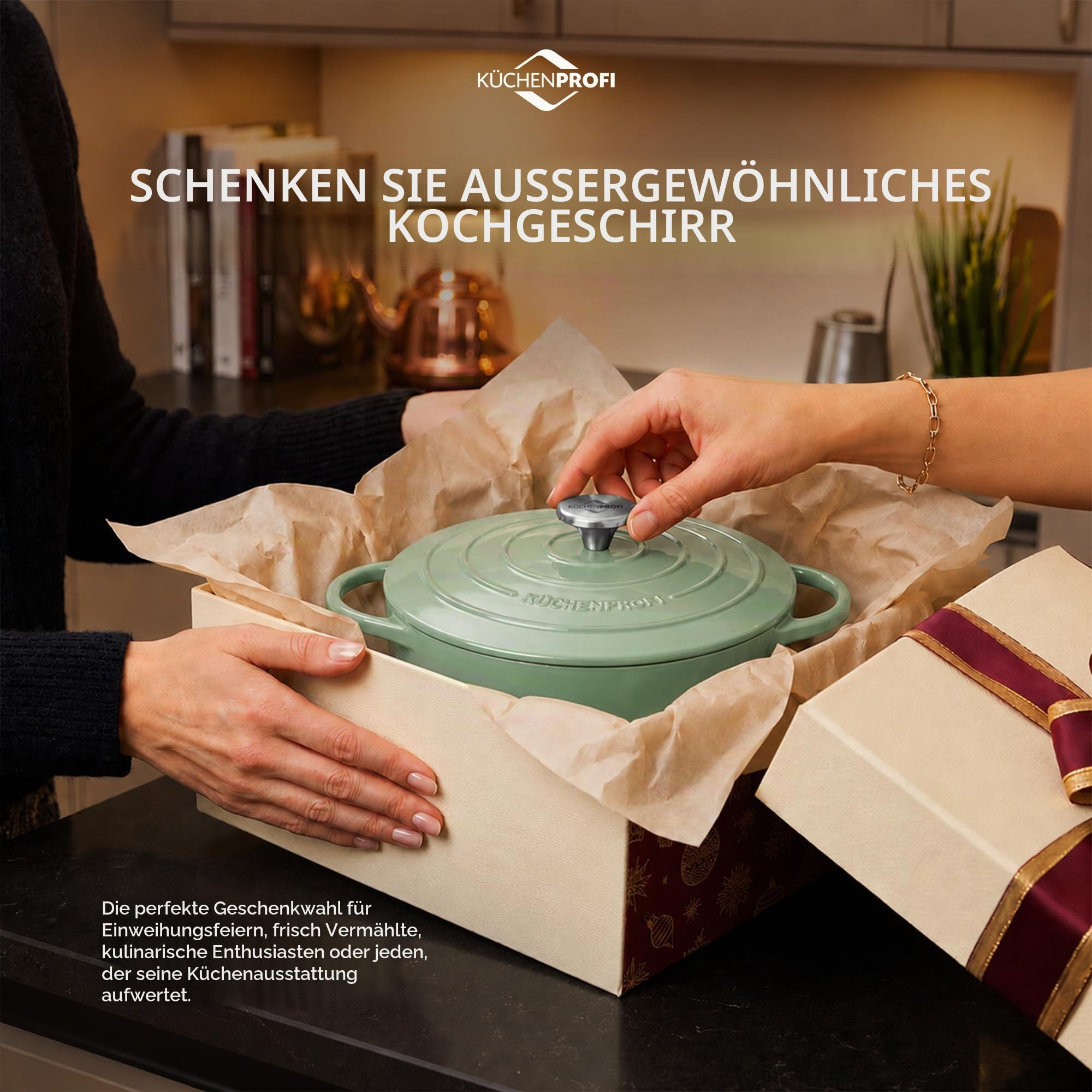 KÜCHENPROFI Gusseisen-Bräter mit Deckel, emailliert, 24 cm, Jade | Runder Gusseisen-Bräter mit Energieeffizienz, optimaler Wärmespeicherung, Edelstahlknopf, für alle Herdarten geeignet