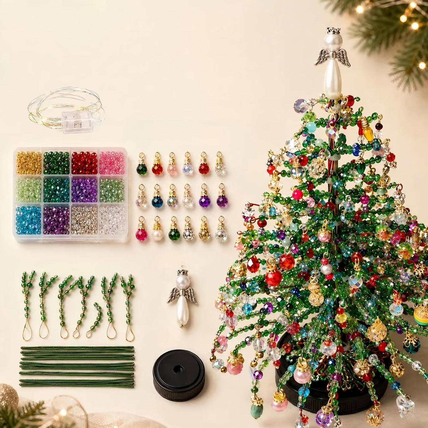 DIY Beaded Christmas Tree Kit with Lights, 3D Crystal Bead Pearl Art Set,E