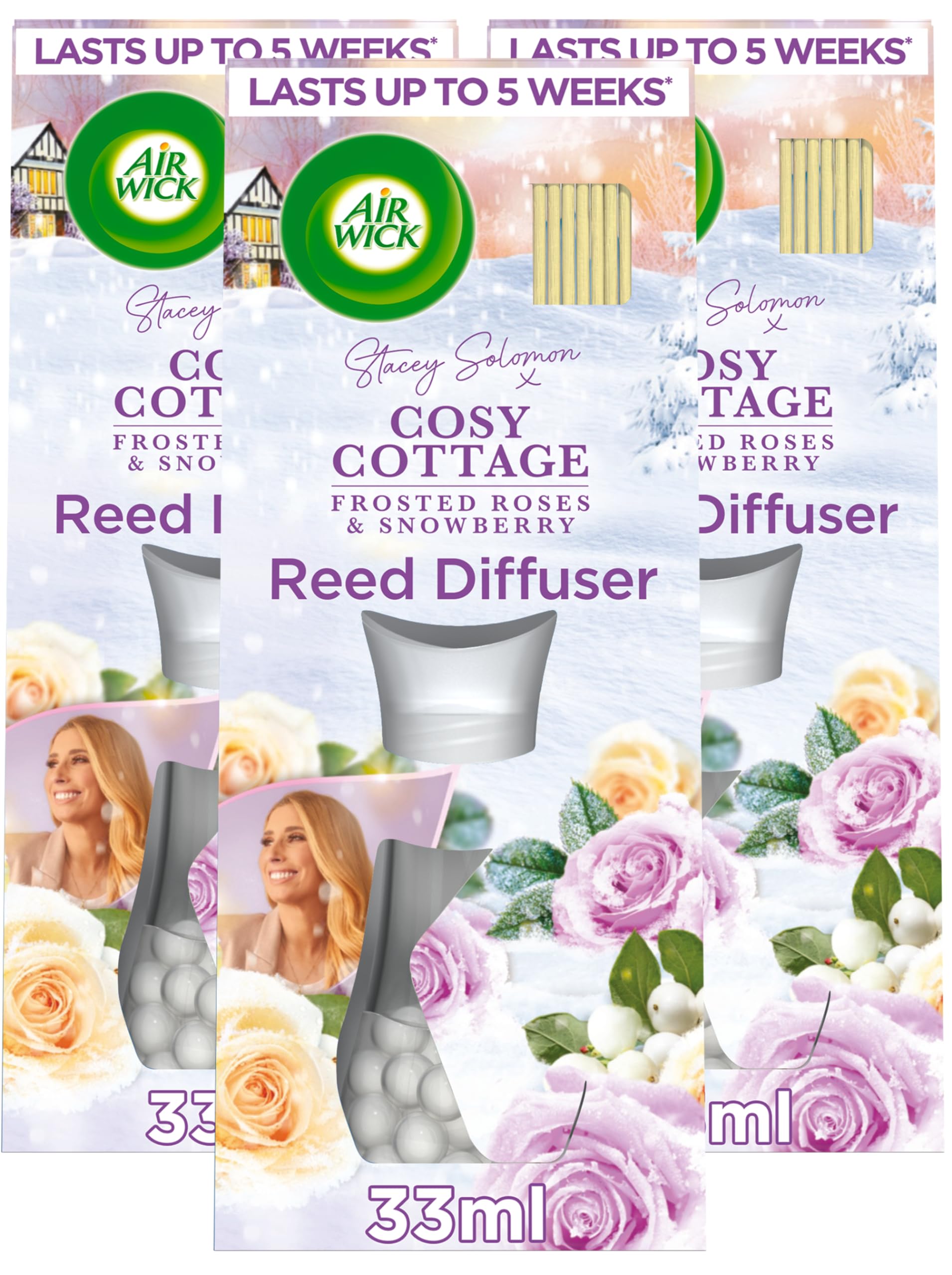 Airwick Frosted/Icy With Wooden Accents |Cosy Cottage Roses & Snowberry |Air Freshener Reed Diffuser| 33Ml | Pack Of 3