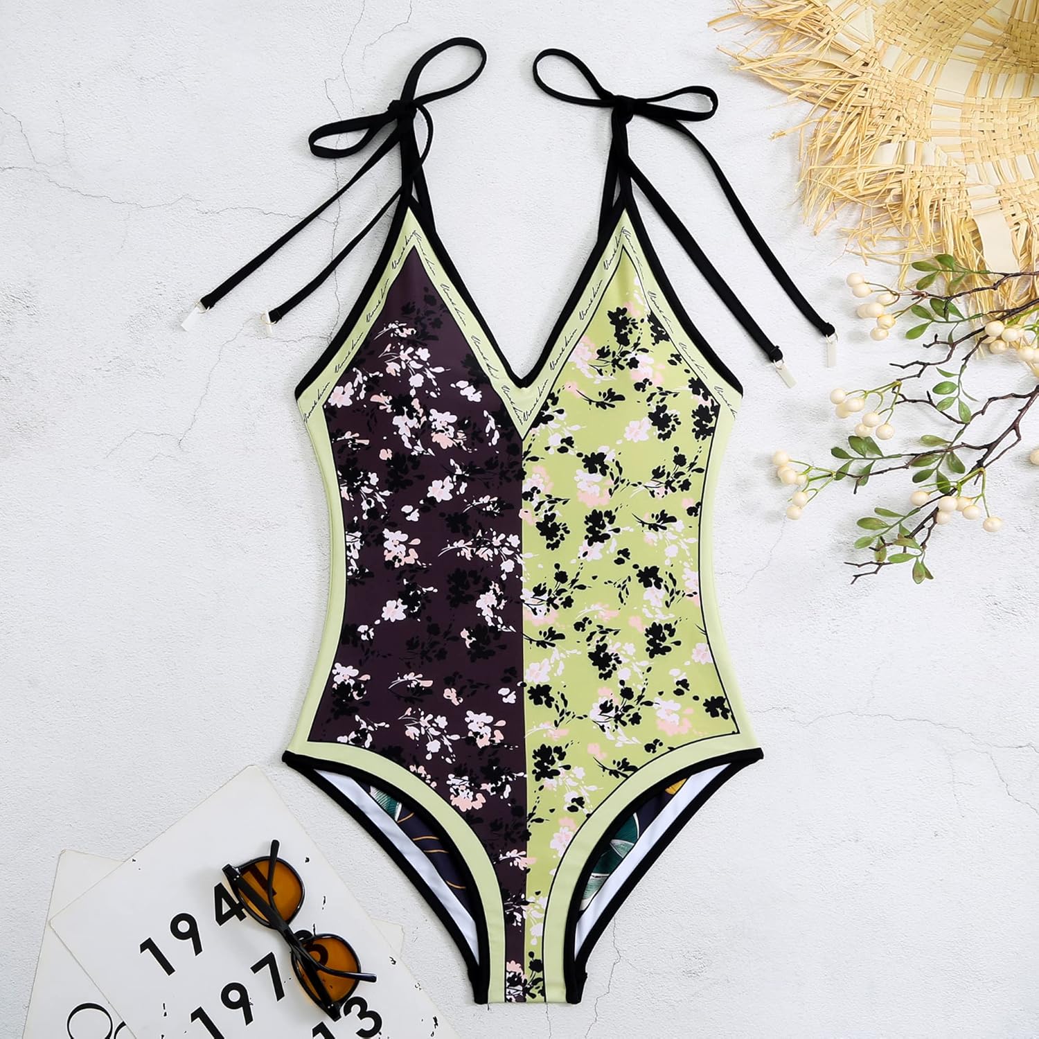Miniatura 3 de WREWING Traje de baño reversible con estampado floral para mujer, traje de baño de 1 pieza con tirantes delgados, cuello en V, monokini con control