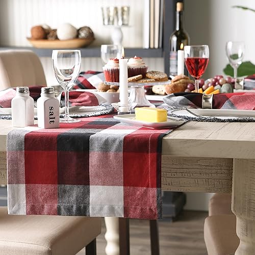 Miniatura 5 de DII Tri-Color Check Collection - Camino de mesa, 100% algodón, 14 x 108 pulgadas, rojo cardenal