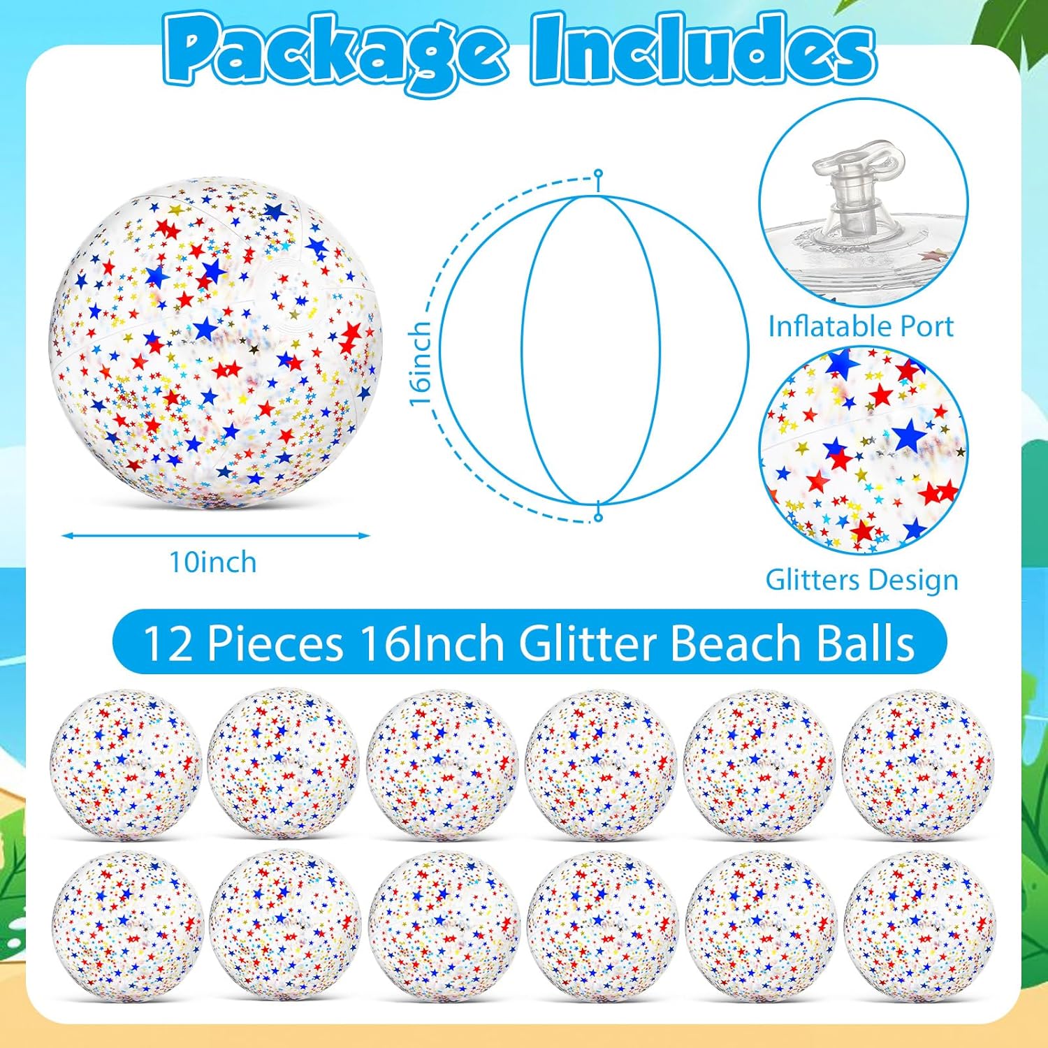QOUBAI 12Pack Patriotic Glitter Beach Balls Bulk 16 Inch Inflatable Glitter Beach Balls Red White Blue Toy Ball Large 4th of July Pool Toys Summer Outdoor Swimming Pool Games Water Game Party Favor