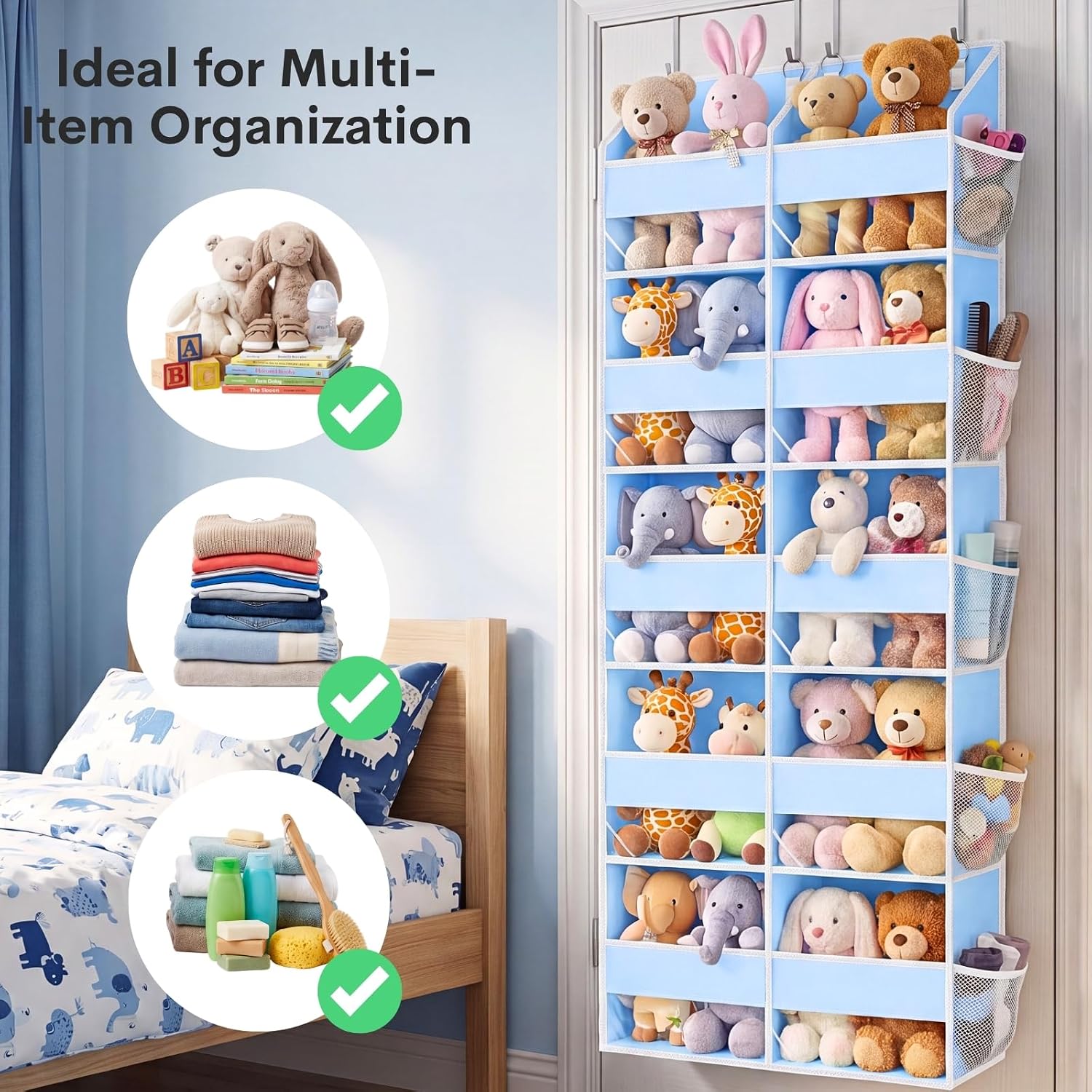 Blue Over the Door Organizer 5 Tiers, Extra Large Behind Door Storage of 10 Compartments, 80 lbs Weight Capacity Hanging Storage Organizer with Clear Window Kids Toys, Shoes, Diapers, Room storage thumbnail