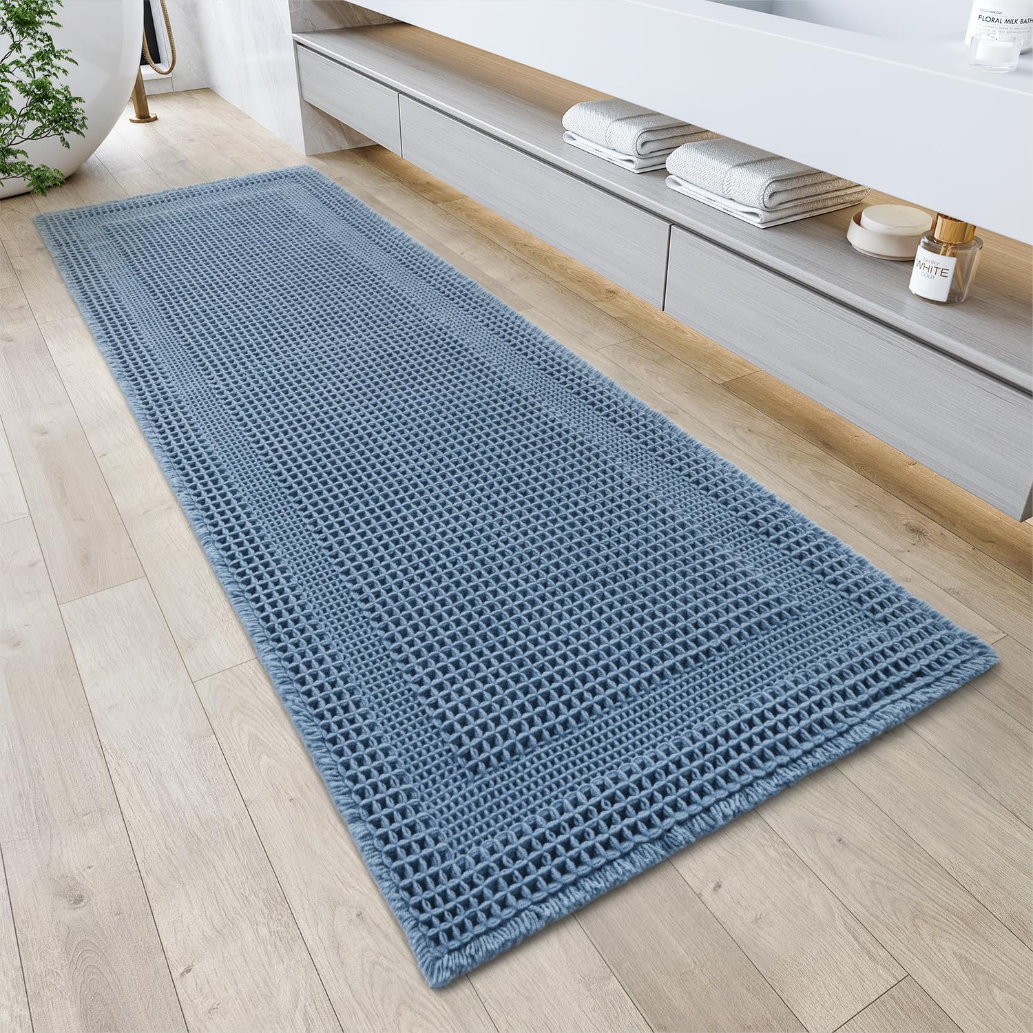 AMOAMI Waffle Bath-Mat, Absorbent Bath Mats for Bathroom Non Slip, Machine Washable Bathroom Rugs with Tassels Ultra Soft Boho Bath Rugs for Floor 2'x6'(24"x72") Blue Blue 2'x6'