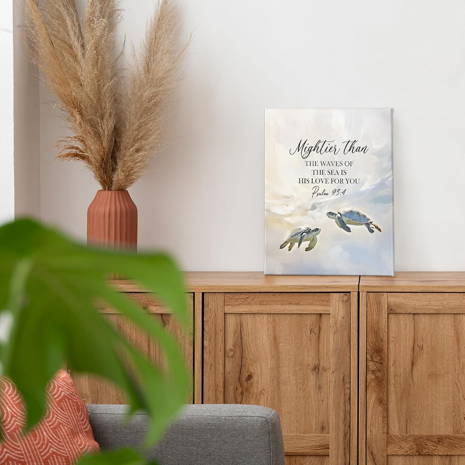 PHAMTE Christian Sea Turtle Wall Art Decor Canvas, Bible Verse Psalm 93:4 Scripture Pictures Wall Decor Decorations Art, Coastal Beach Sea Turtle Framed Prints Artwork for Home Bedroom Church 11x14