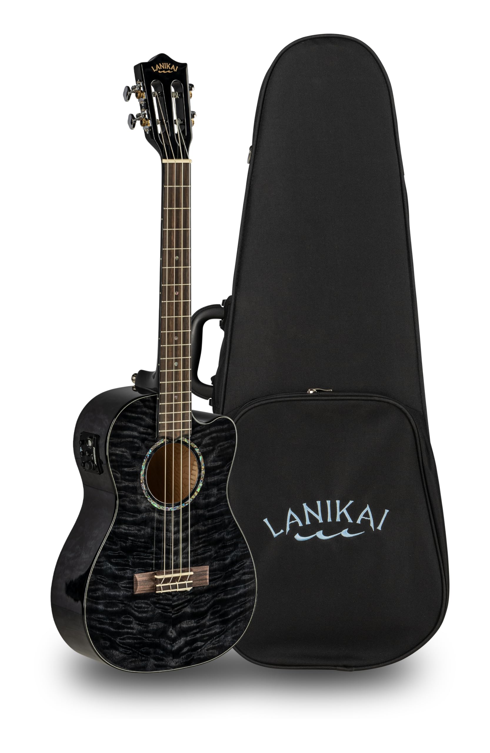 Lanikai Quilted Maple Black Stain Baritone A/E Ukulele with Foam Case (QM-BKCEB) - Image 4