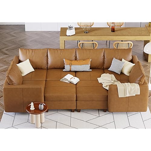 EASE MOOSE Convertible Sectional Sleeper Sofa Bed with Reversible Chaises,Faux Leather Modular Sofa Sectional Couch Modular Couch with Storage for Living Room, Brown