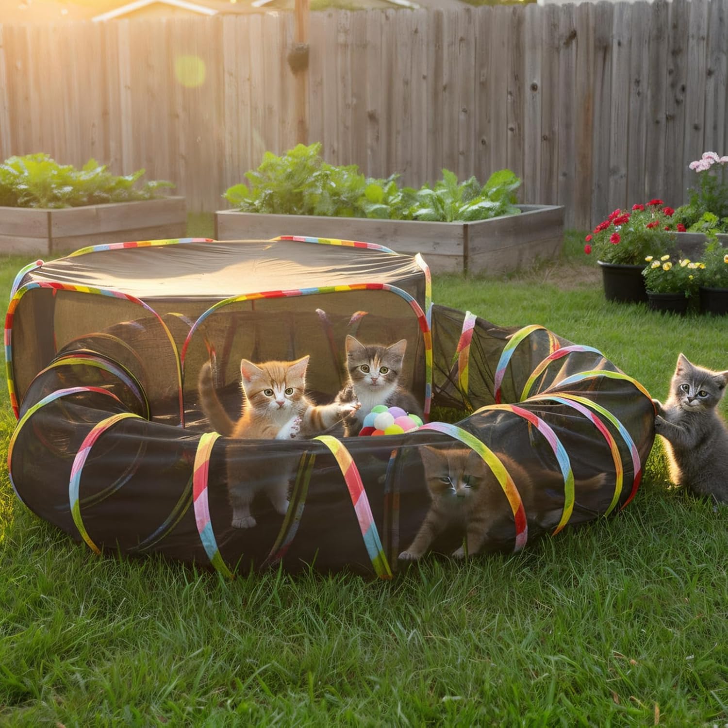 Outdoor Cat Enclosure with Cat Tunnel, Tent, Playhouse and Cat Toy Ball with Bell - Portable Indoor/Outdoor Playpen for Small Cats & Animals