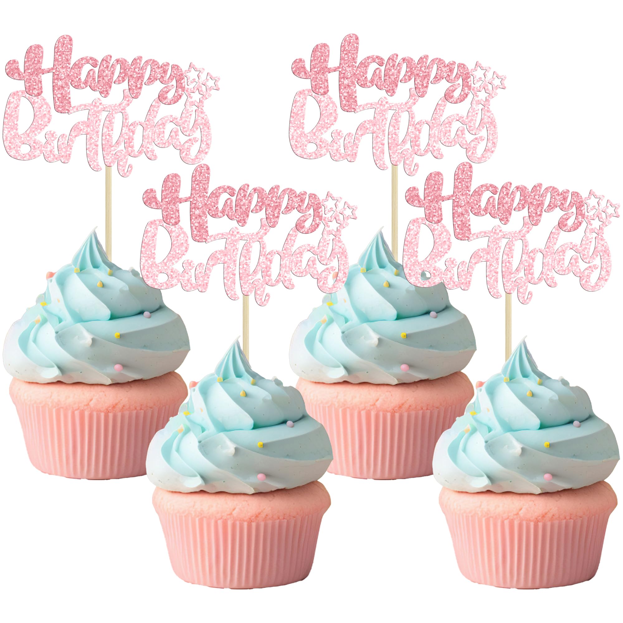 Ephlyn 24Pcs Pink Light Pink Happy Birthday Cupcake Toppers for Baby Shower, Kids Boys Girls Birthday Anniversary Party Cake Decorations