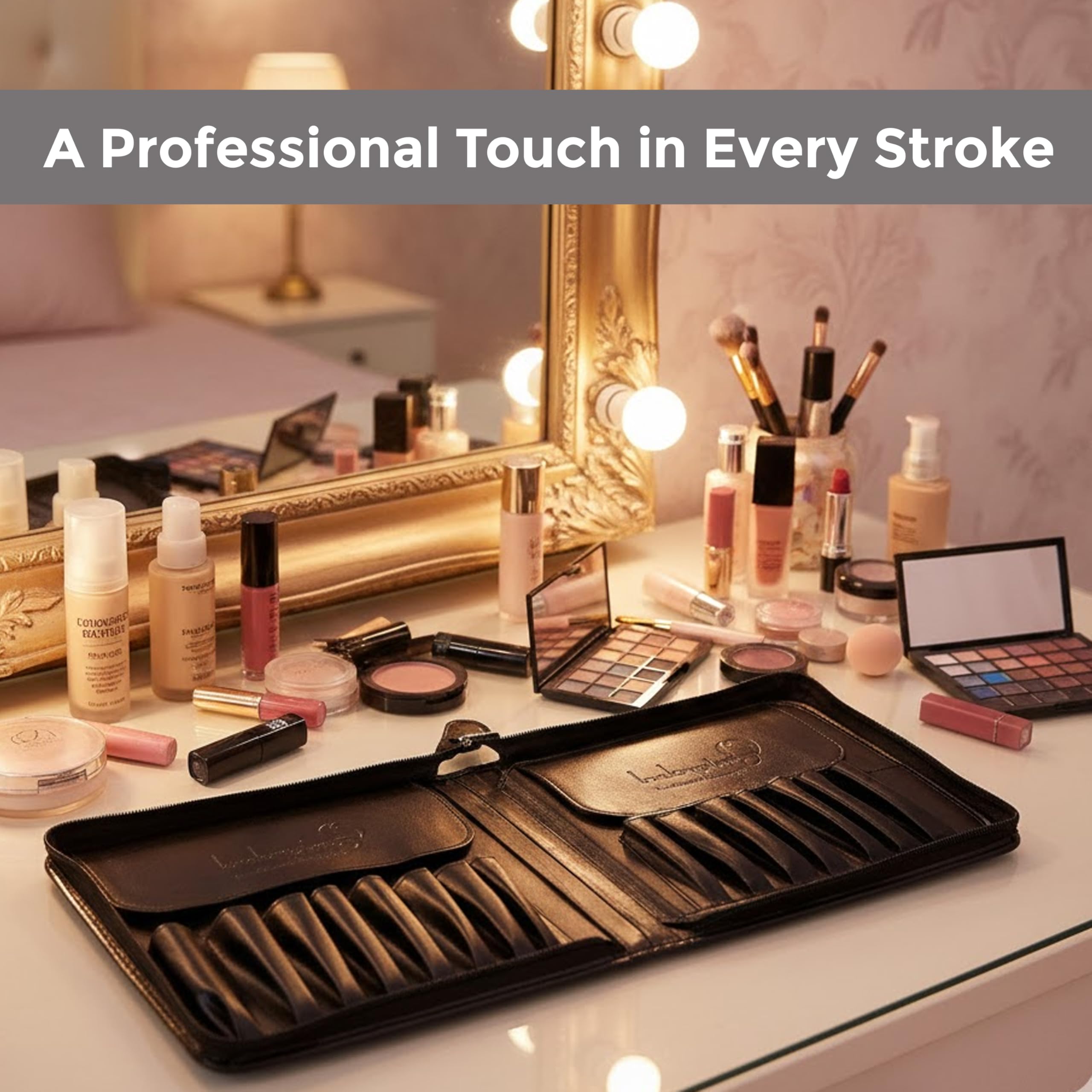 London Prime - Set di 38 pennelli da trucco professionali con cintura, set completo per il trucco da donna, per fondotinta, ombretto, fard, correttore, pennelli per sopracciglia, setole morbide