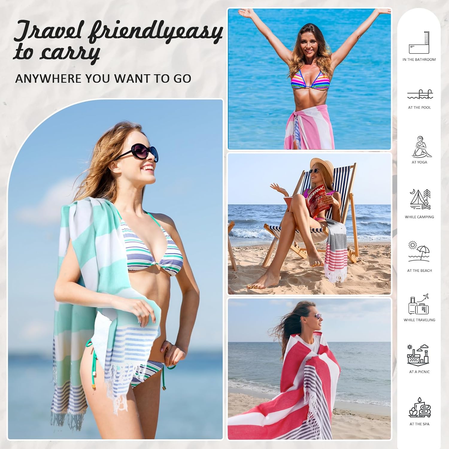 Peryiter 8 Pcs Cotton Turkish Beach Towels Bulk Oversized 39 x 71 in Quick Dry Sand Free Extra Large Turkish Towels for Bathroom Absorbent Light Travel Towel Bath Towels for Adult Beach Accessory