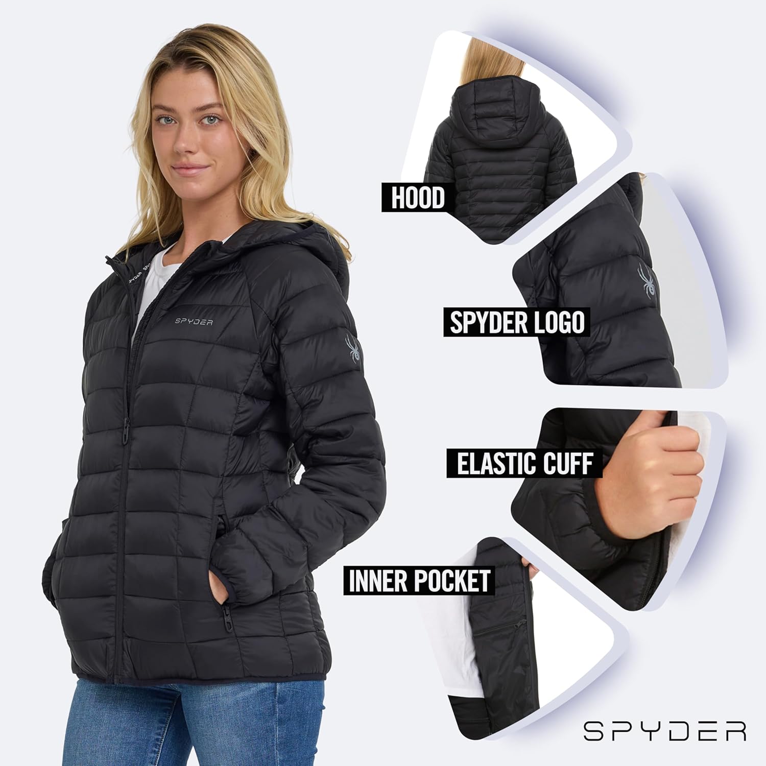 Spyder Packable Puffer Jacket Womens with Hood, Lightweight Full Zip Winter Quilted Womens Puffer Coat