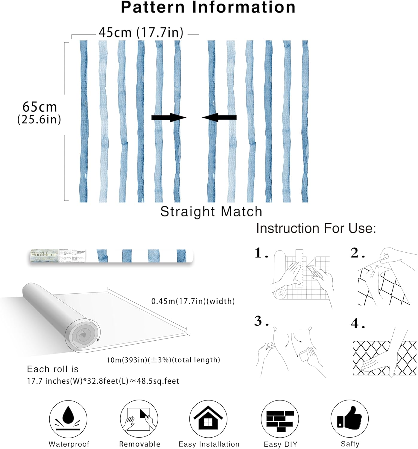 HAOKHOME Blue Wallpaper Peel and Stick Wall Paper Striped Coastal Boho Removable Indigo Blue/White Vinyl Self Adhesive for Bathroom Decor 17.7in x 32.8ft