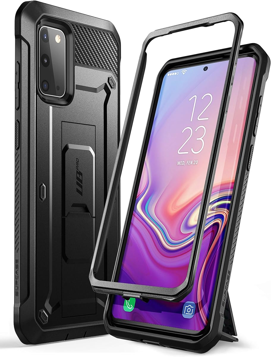 SUPCASE for Samsung Galaxy S20 Case with Built-in Kickstand, Black | 1x Front Frame, Charge Port Cover, Belt Clip Holster, Military-Grade Protection, Anti-Slip, Shockproof, Unicorn Beetle Pro