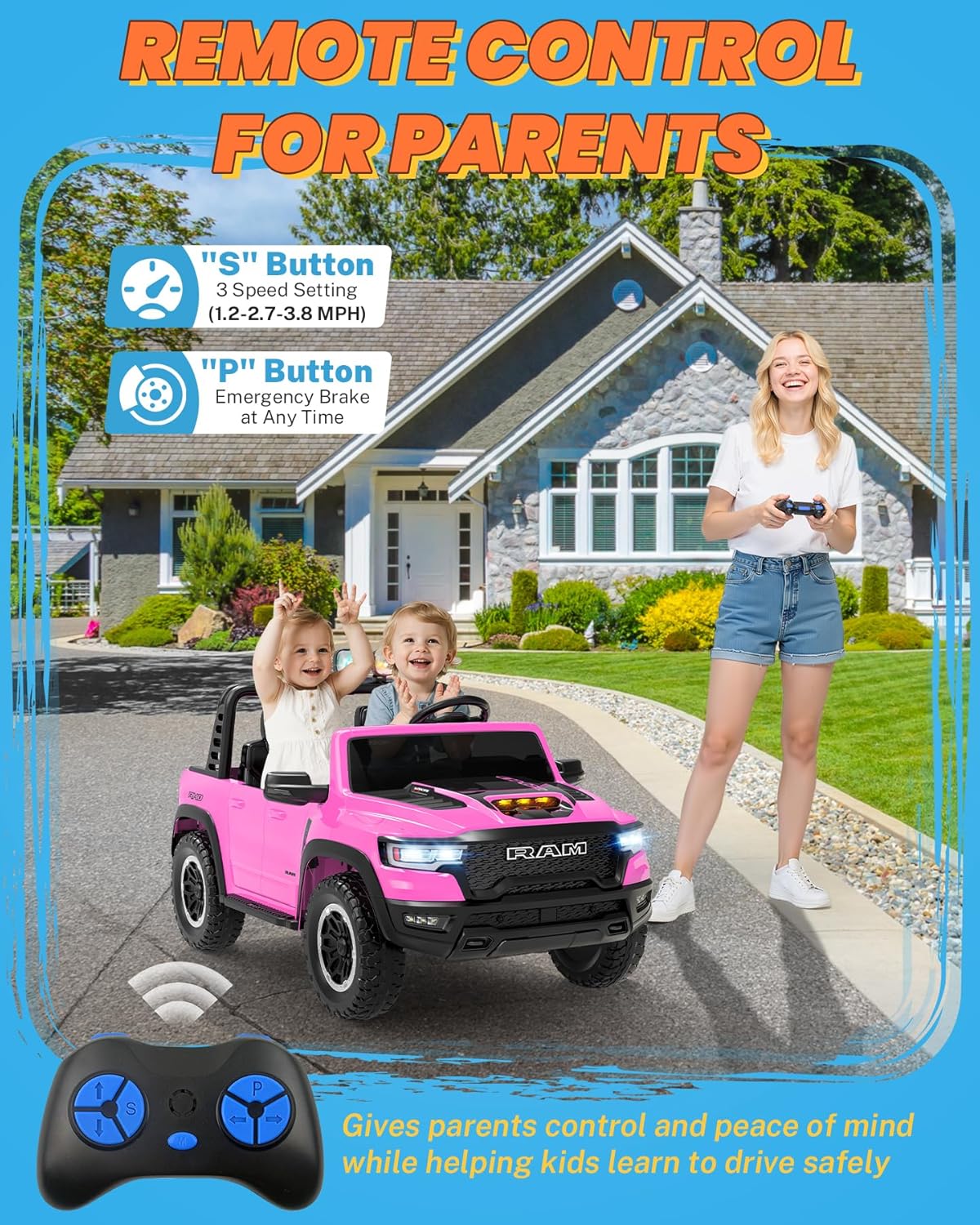 ENYOPRO 24V Ride on Toys for Kids 4-8, Licensed RAM 1500 RHO 2 Seater Kids Ride on Car w/Parent Remote, Power Pedal & Shock-Absorbing Wheels, Truck Bed Storage, Bluetooth, LED Lights, 2 Speed (Pink)
