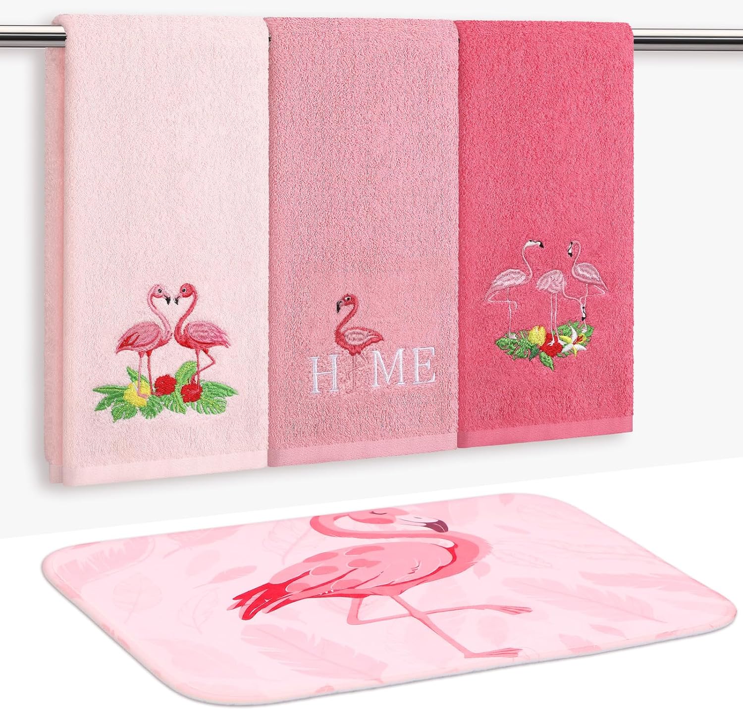 FuWeave 4 Pcs Flamingo Hand Towel with Floor Mat, Hot Pink Bird Towel, Summer Bath Towels and Bath Rug, Cute Tropical Bathroom Accessories, Flamingo Bathroom Decor, Flamingos Gifts for Women