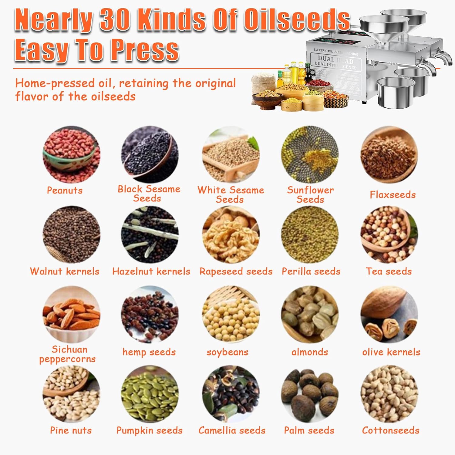 Electric Oil Press Machine with Double Oil Outlets, Stainless Steel Automatic Oil Maker Machine, Cold/Hot Commercial Oil Press, for Home Kitchen Restaurant B