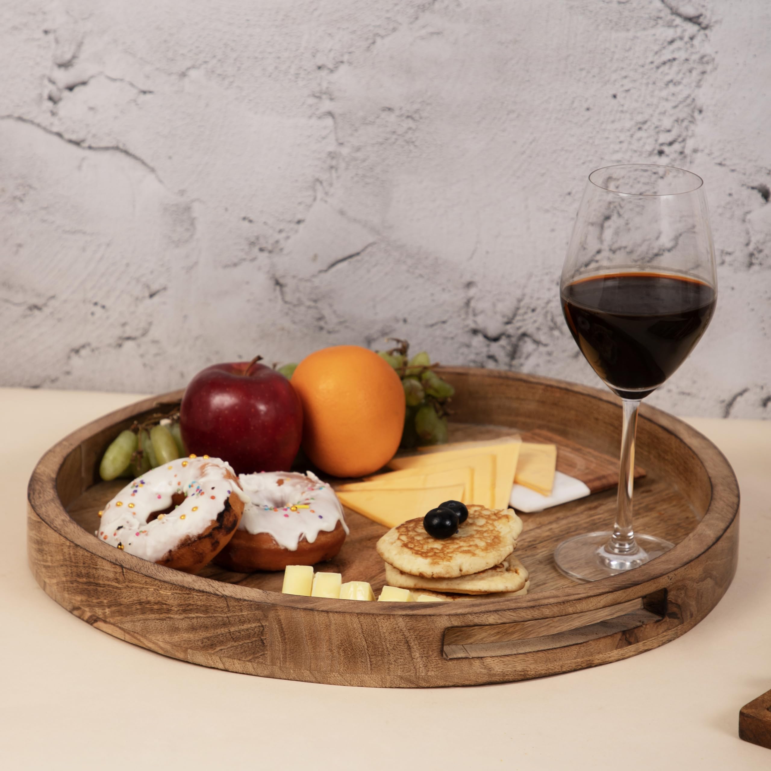 Dreamy Walls Wooden Serving Tray with Handles - Set of 2 Round Tea Trays 16" & 12" Dining Table Organizer, Wooden Platter for Breakfast in Bed, Kitchen Tray Ottoman Tray, Table Decor - Great Gifting (B0C973PDZK) Amazon Price History, Amazon Price Tracker
