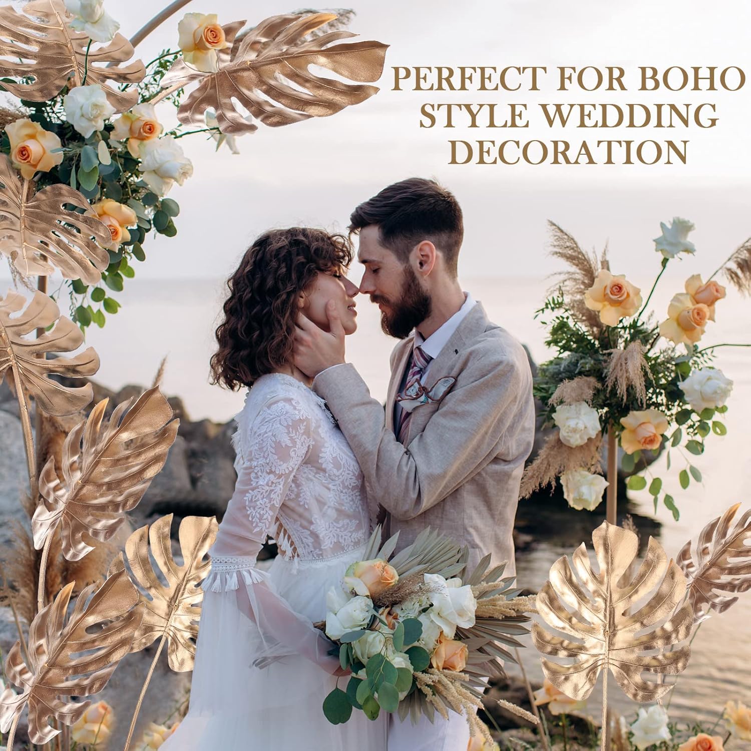 8 Pcs Artificial Gold Palm Leaves Plants 23.6 Inch Large Plastic Tropical Palm Leaves Fake Floral Boho Gold Leaf Flowers for Wedding Party Garland Home Vase Hawaiian Luau Party Decoration, Turtle Leaf