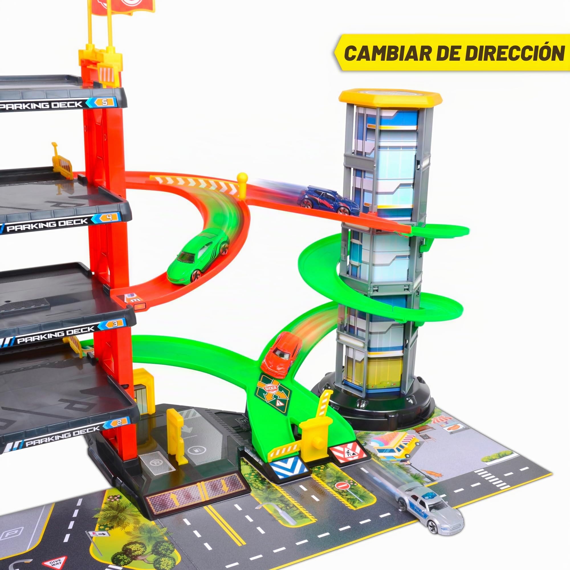Dickie Toys - Aparcamiento de 4 Plantas para niños a Partir de 3 años (87 x 52 cm) con Accesorios - Gran Garaje de Juguetes en 5 Niveles con Ascensor, Pista de Carreras, Coches de Juguete,