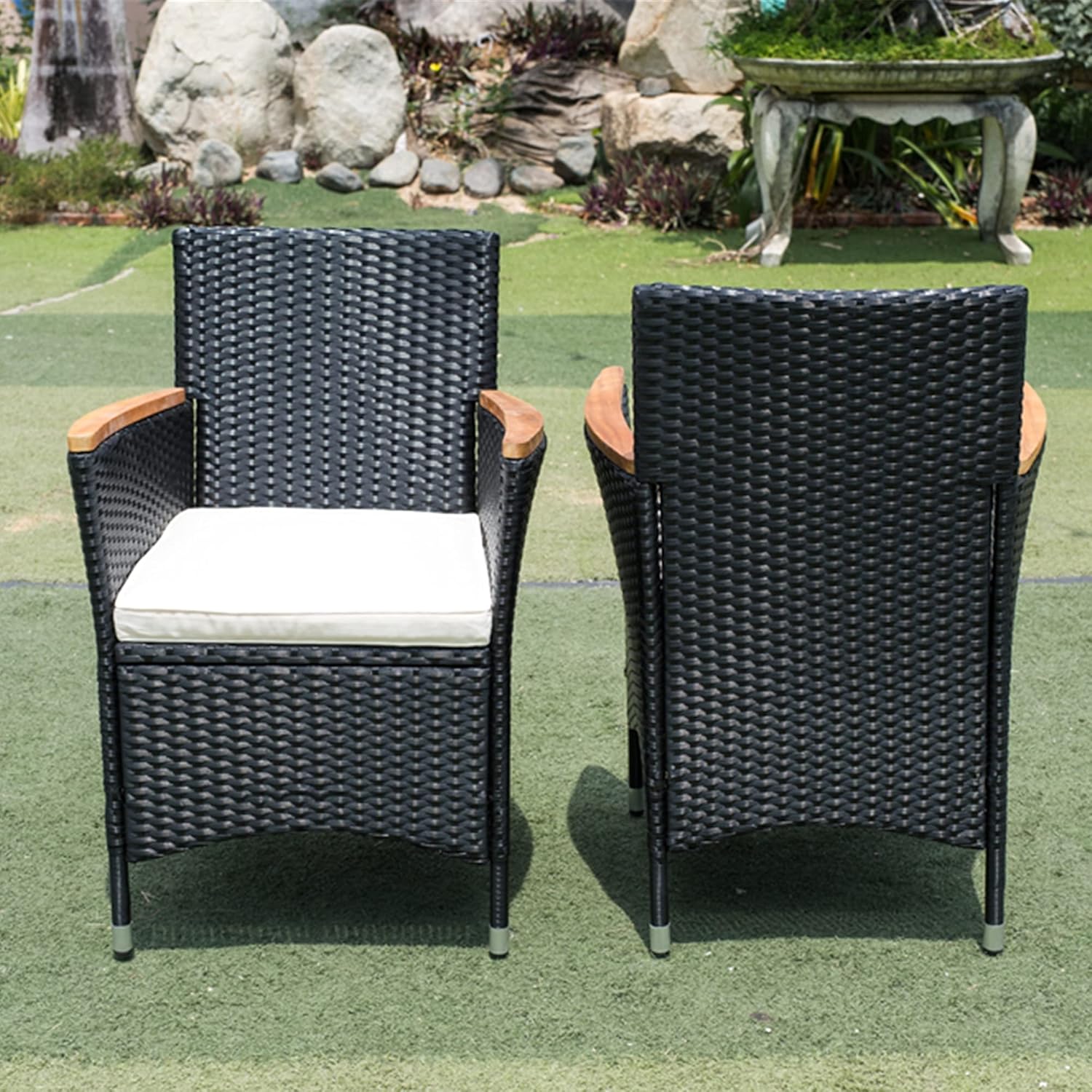 7 Pieces Outdoor Dining Set, Wicker Patio Dining Set for 6, All-Wheather Outdoor Table and Chairs with Acacia Wood Table Top and Cushions for Backyard, Garden, Poolside (Black) : Patio, Lawn & Garden