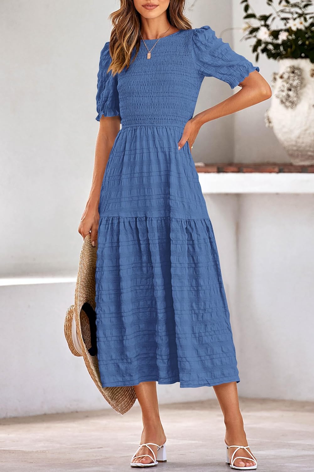 dowerme Womens Summer Dresses 2026 Casual Puff Short Sleeve Crewneck Smocked Flowy Ruffle Boho Beach Party Maxi Sundress(Grey Blue,Small,New) - Image 6