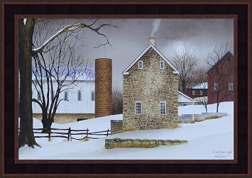 A Cold Winters Night by Billy Jacobs 15x21 Stone House Farm Barn Snow Winter Full Moon Primitive Folk Art Framed Print Picture
