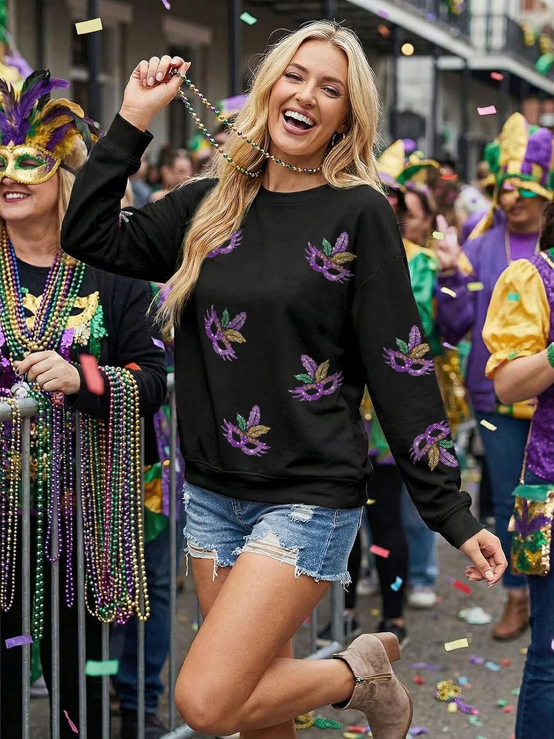 Mardi Gras Sweatshirt for Women Carnival Sequin Sparkle Sweater Purple Masks Crewneck Long Sleeve - Image 4