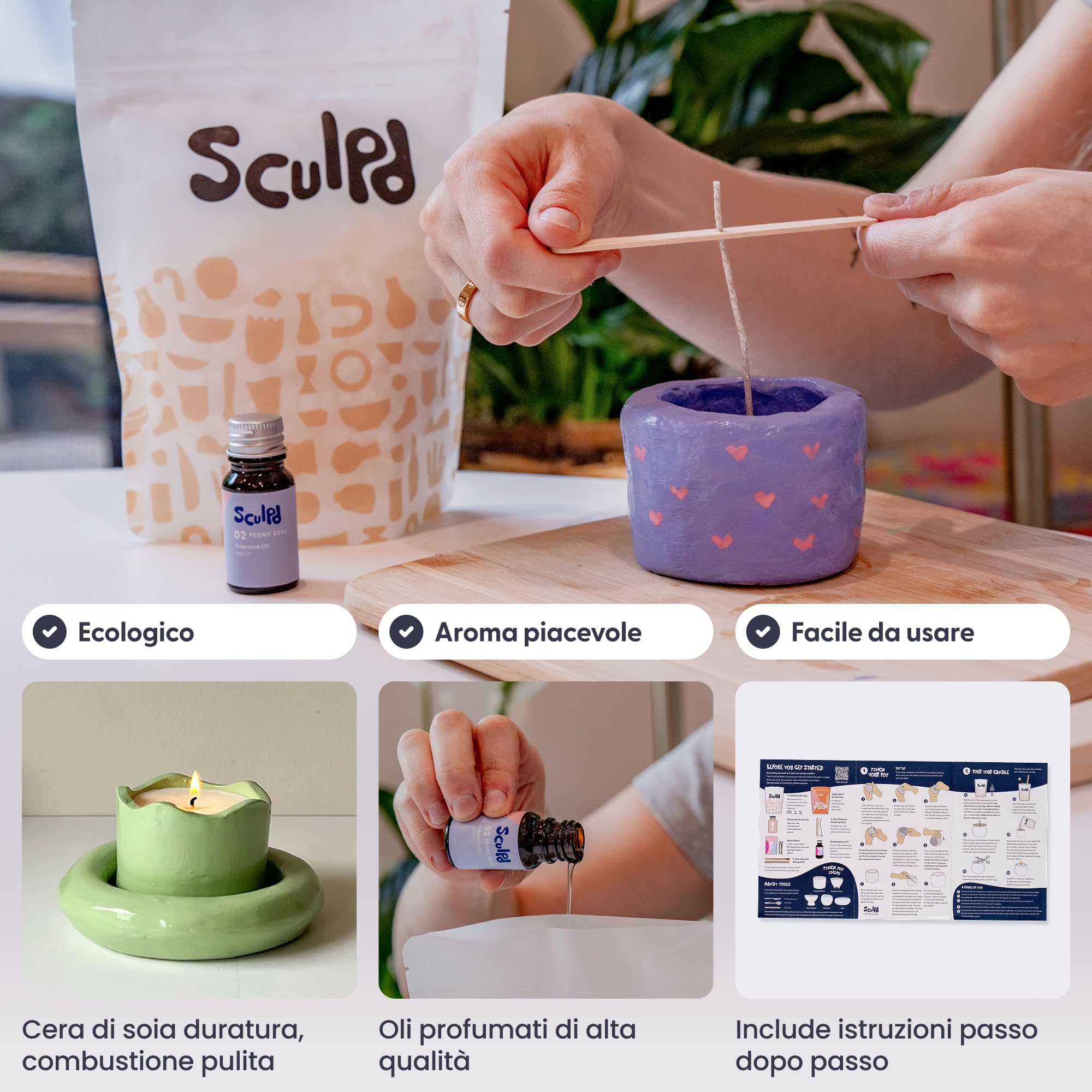 Sculpd, Kit per creare candele con argilla autoindurente, per principianti e adulti, con cera di soia ecologica, oli profumati, vernice, utensili e istruzioni (lingua italiana non garantita)
