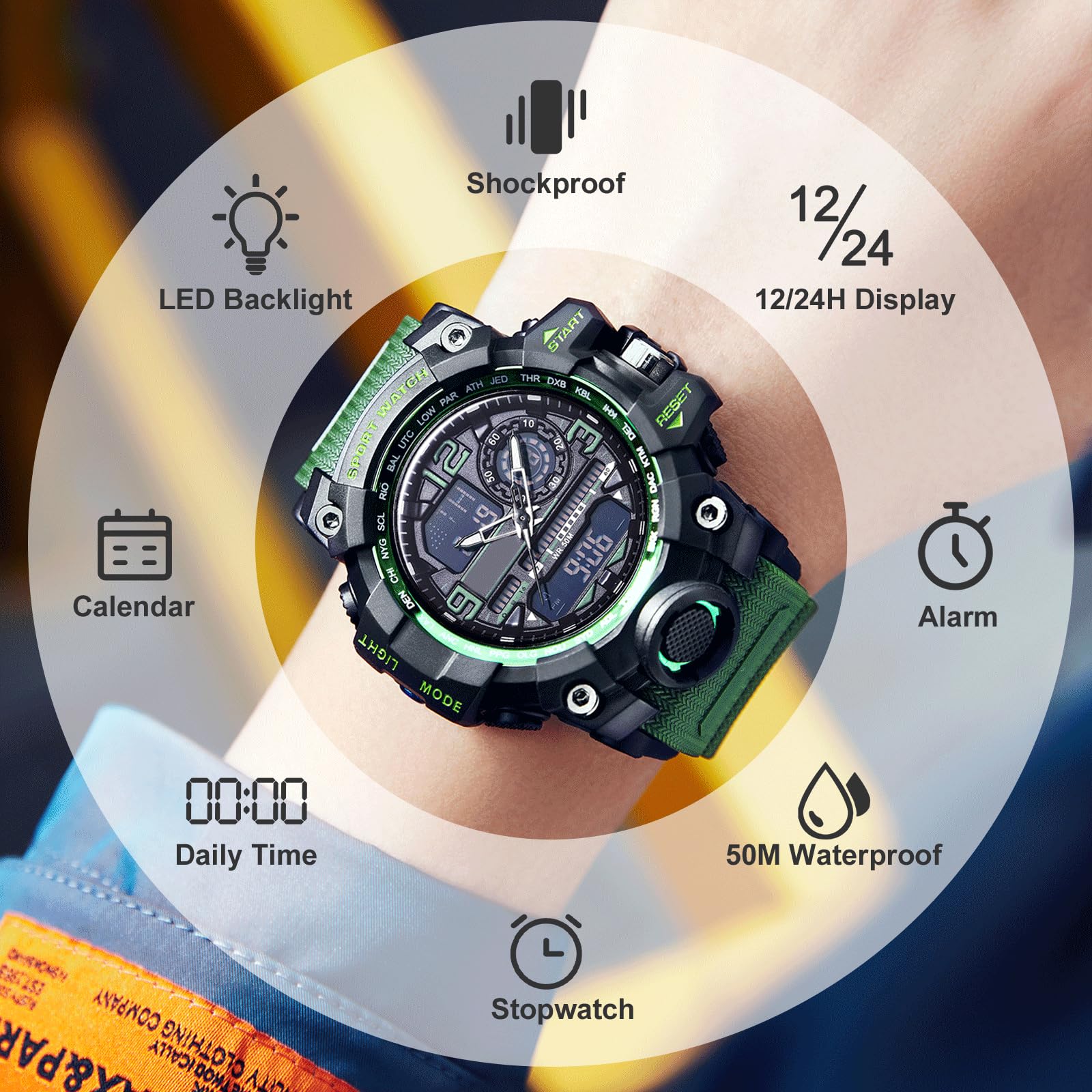 Reloj de pulsera digital para hombre, analógico, digital, deportivo, militar, para hombre, niño, exterior, impermeable, con despertador, luz LED, fecha, semana, 12/24 h, multifunción, táctico