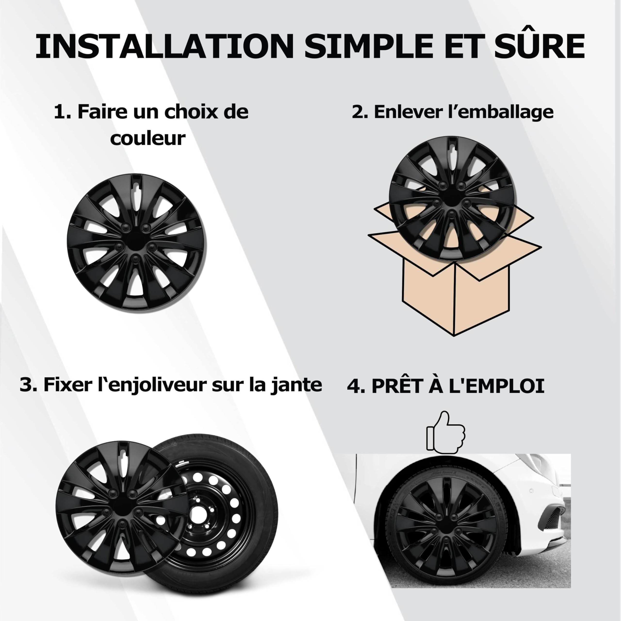 Lot de 4 Enjoliveurs Noirs 15 Pouces – Kuglo Stormer Design, ABS 100% Recyclé, Protection Jante/Valve, Universels