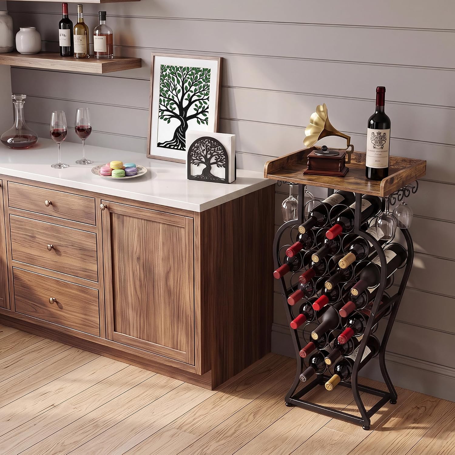 19 Bottles Freestanding Floor Wine Racks with Glass Holder