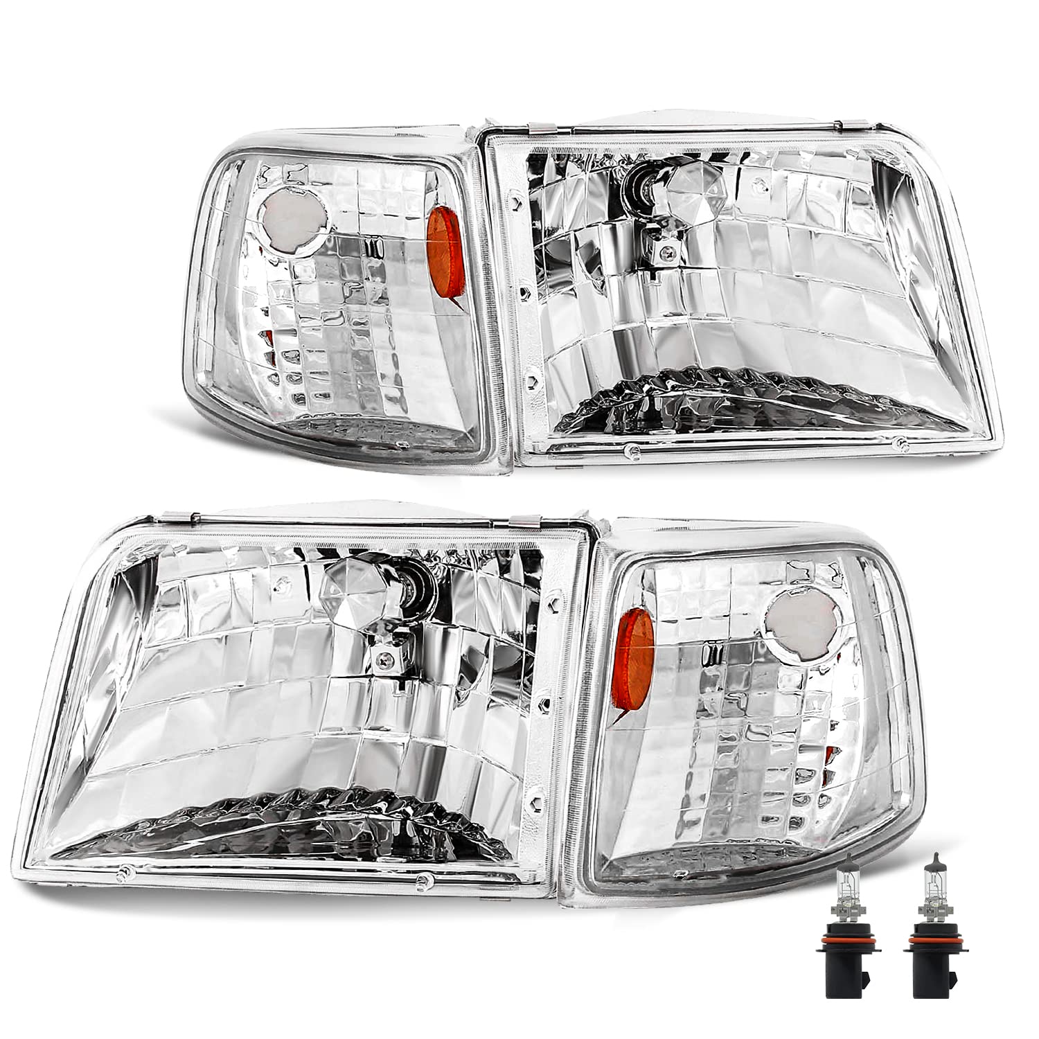 JSBOYAT Headlight Assembly Replacement w/Bulbs for 1993 to 1997 Ford Ranger Headlamp w/Corner Light 4PCS Passenger & Driver Side (Chrome Housing with