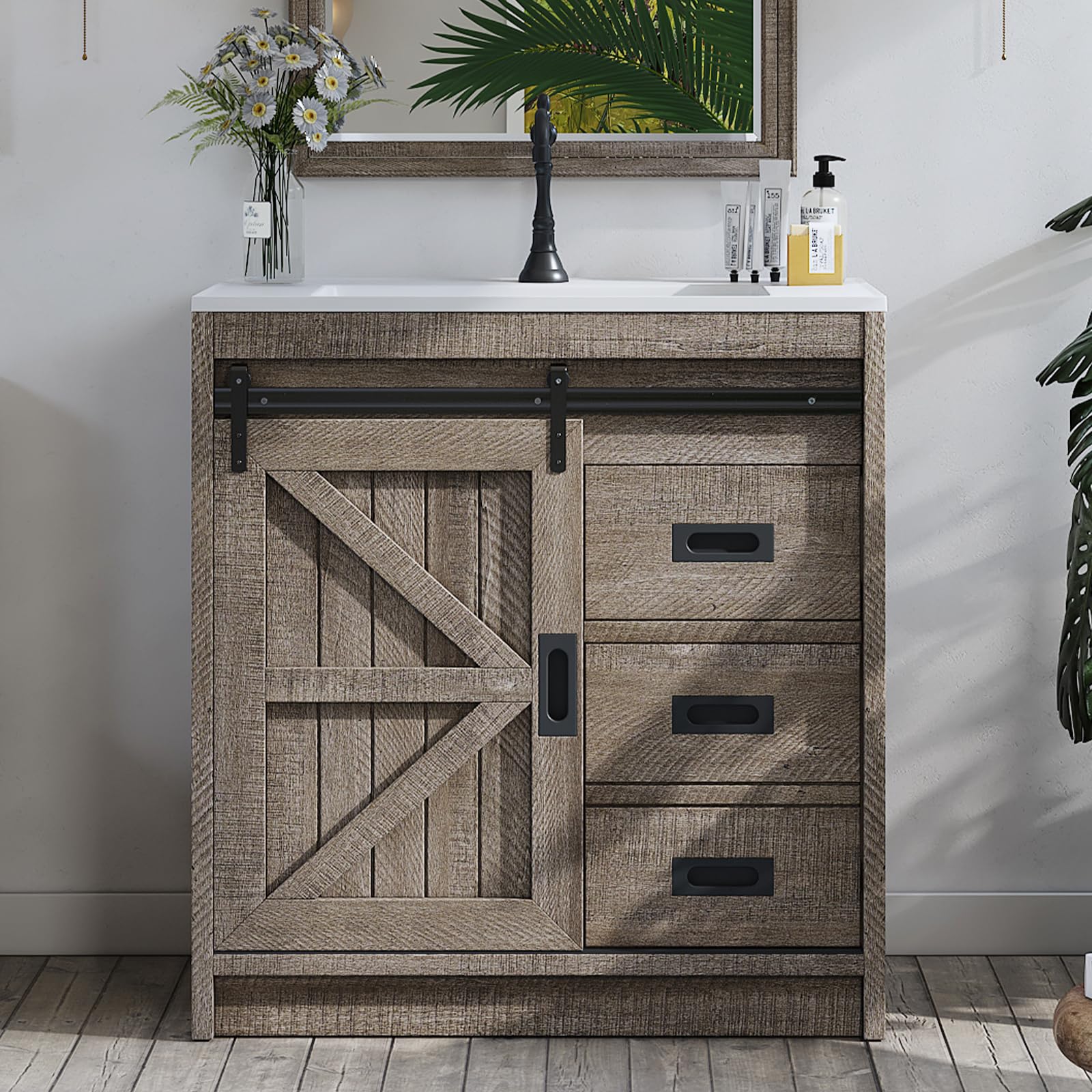 LUXOAK 31 inch Gray Sliding Barn Door Bathroom Vanity