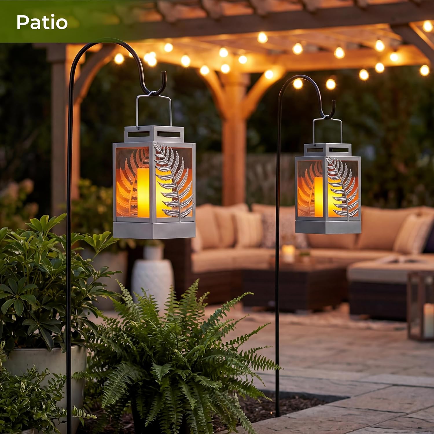 Walensee Solar Lights Outdoor with Flickering Flame (2Pack Grey) Upgrade Metal Solar Powered Lantern Landscape Leaf Decorative Hanging Lighting Waterproof LED Umbrella Light for Patio Garden Deck Yard
