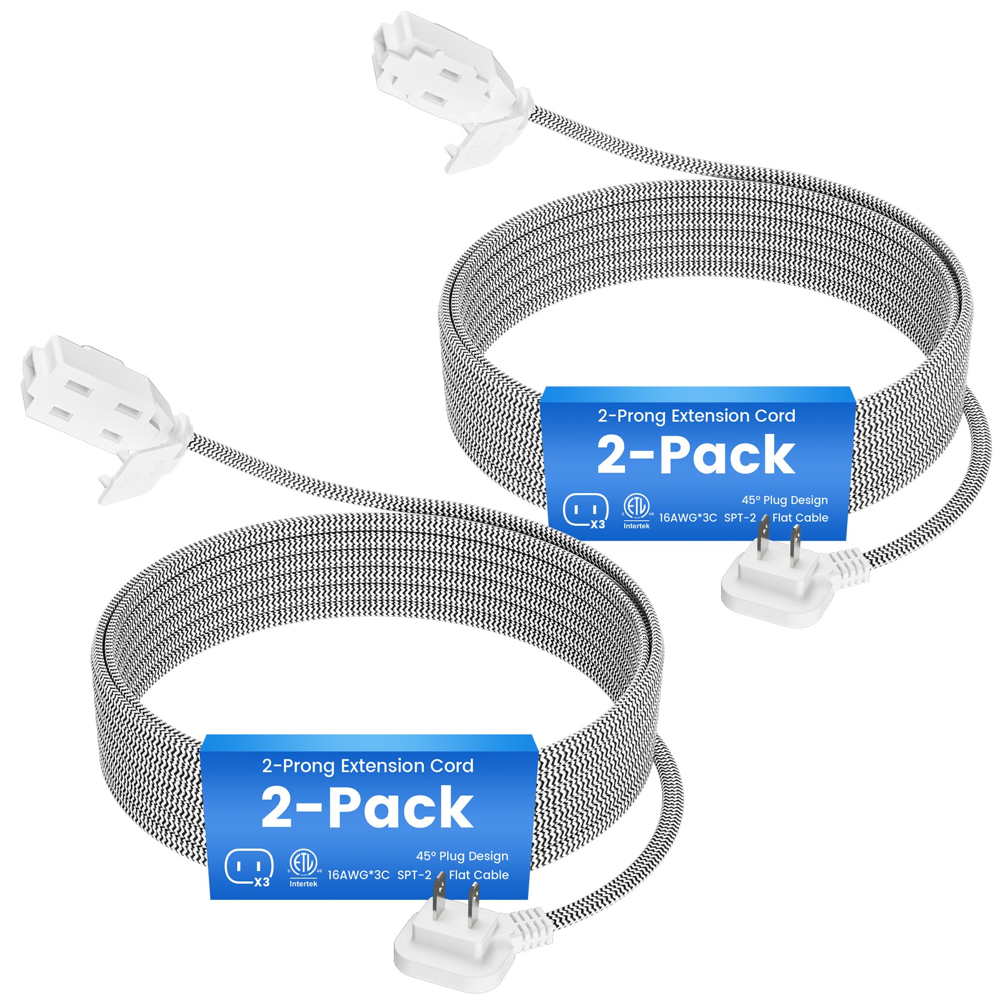 Photo 1 of 2-Pack 2 Prong Extension Cord 15FT, 90 Degree Plug, SPT-2, Flat Nylon Braided Power Extension Cord With 3 Outlets, Multiple Outlets with Tamper Guard, ETL Listed, Outlet Saver, 16 Gauge Wire, 13A/125V