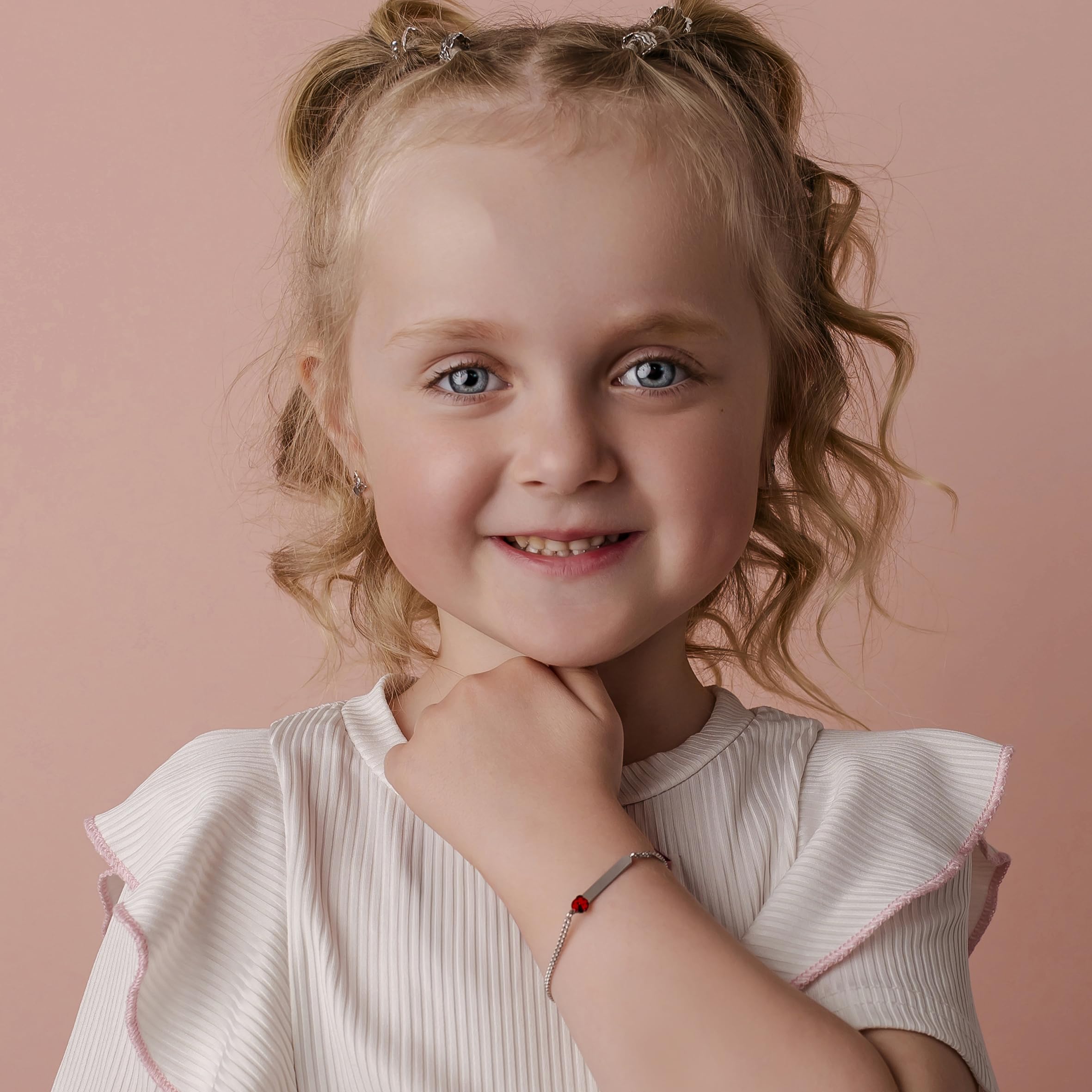 Sakrami Pulsera de Plata 925 Placa Grabable para Niños con Mariquita Esmaltada+ Caja Regalo Personalizada - Pulsera para Nacimiento Comunión o Bautismo