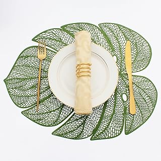 Evevda Green Leaf Shaped Vinyl Placemats for Dinner Table Set of 4 Plastic Green Place Mats Wipeable 6Pcs Table Mats for Wedding Annersary Dinner Table Decoration Mats