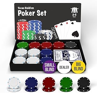 Poker Set - Enthält Pokerspiel 110 Chips Perfekt für 2-5 Spieler, Poker Chips Set, Spielkarten, Dealer Button, Big Blind Button und Small Blind Button, Kompaktes Pokerset Texas Hold'em