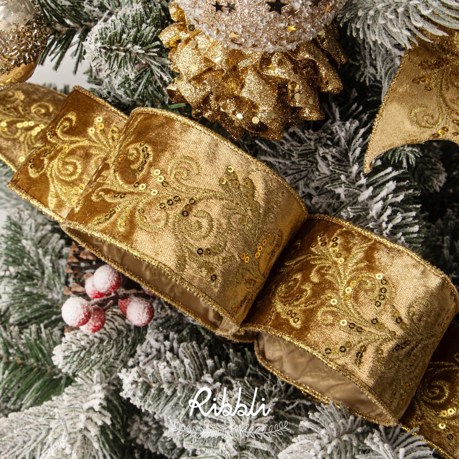Ribbli Gold Luxe Velvet Wired Ribbon with Embroidery Design 2.5 Inch Christmas Ribbon for Gift Wrapping Christmas Tree Decoration Crafts Wreaths Supplies-Continuous 5 Yards