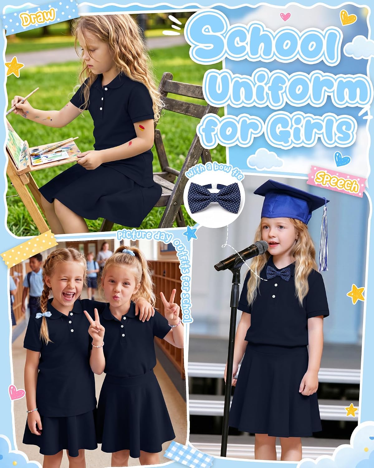 Halfchet School Uniform for Girls 2 Piece Short Sleeve Shirt and Pleated Skorts with Pockets Teen Summer Outfits 5-14 Years